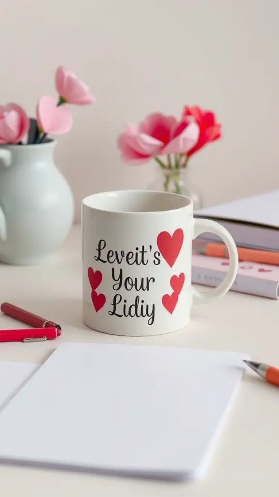 A white coffee mug with red hearts and the phrase 'Leveit’s Your Lidity' on a desk with flowers, pens, and notepads.