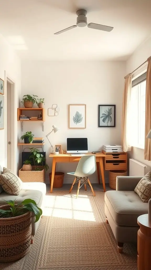 A bright, cozy office space featuring a modern desk, chair, plants, and comfortable seating.