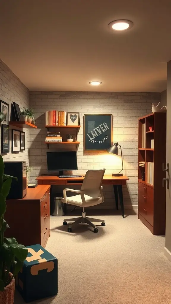 Cozy basement office with modern furniture and warm lighting