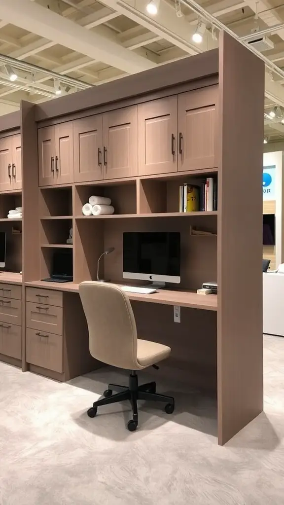 A built-in office desk with a warm wood finish, featuring storage cabinets and a modern design.