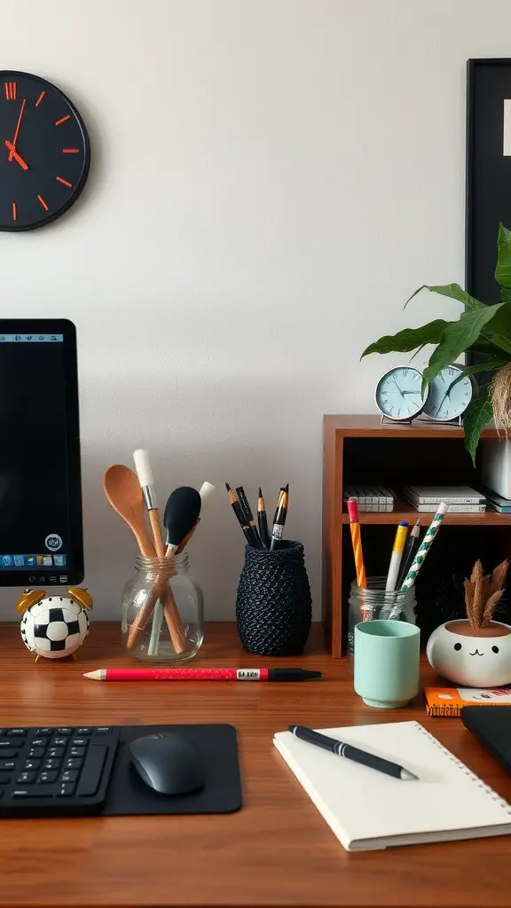 Home office desk with various unique accessories including plants, pens, and decor items.