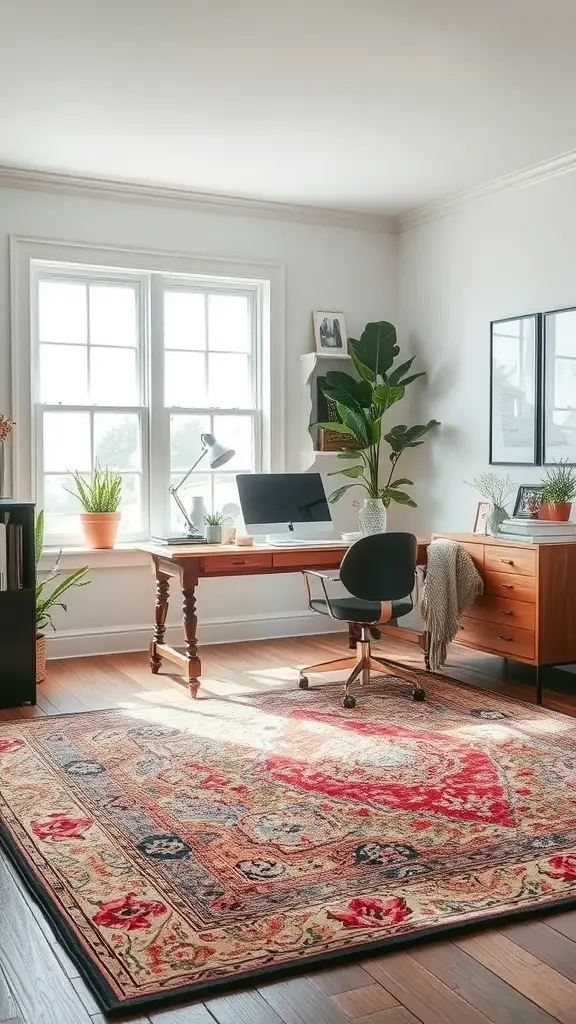 A cozy farmhouse home office with a decorative area rug under a desk, plants by the window, and soft natural light.