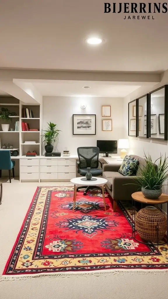 A stylish home office with a large area rug defining the workspace