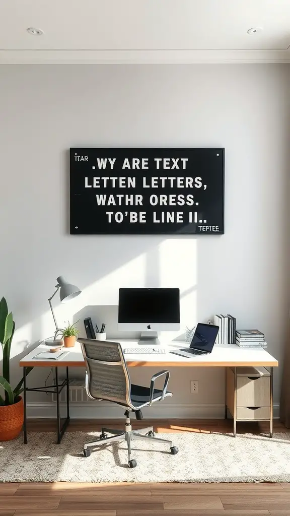 A neutral home office with a playful wall art piece featuring quirky letters, showcasing a desk with a computer and a cozy chair.