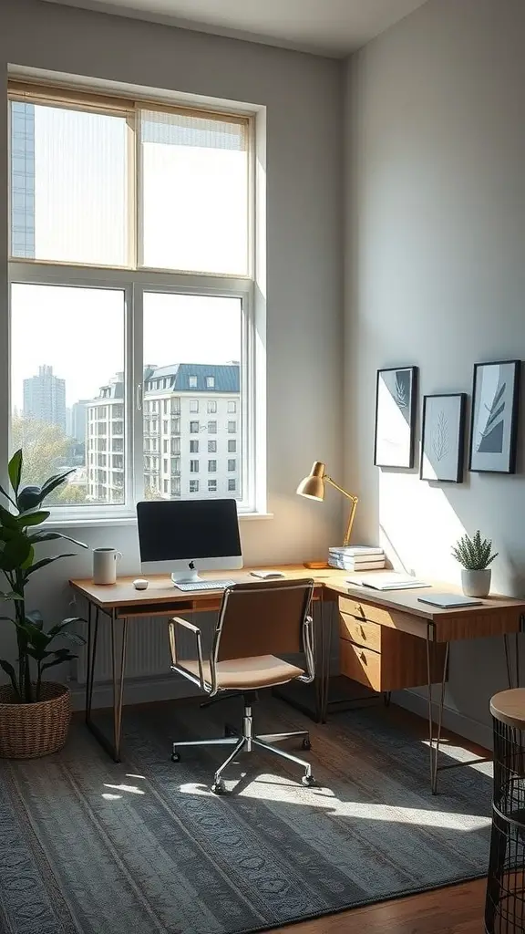 A bright and airy home office with a desk, computer, and plants, showcasing the use of natural light and neutral colors.