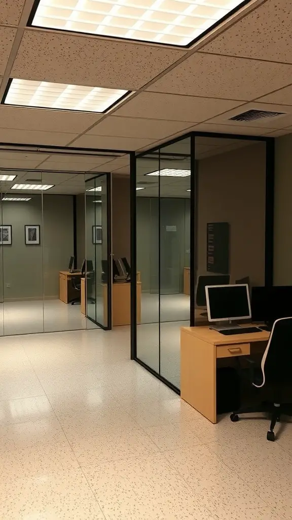 A modern home office setup with glass walls and reflective surfaces, creating an impression of spaciousness.