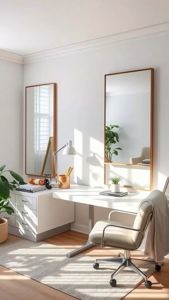 A bright and airy home office featuring two mirrors, a desk, and a plant.