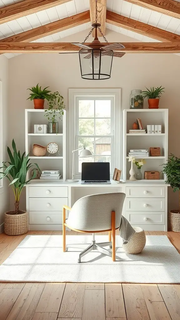 A cozy farmhouse home office with a neutral color palette, featuring a wooden desk, plants, and decorative elements.