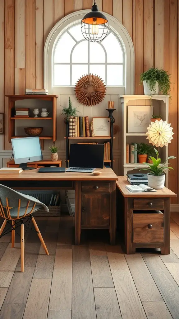 A cozy farmhouse home office featuring a reclaimed wood desk, bookshelves, and natural decor.