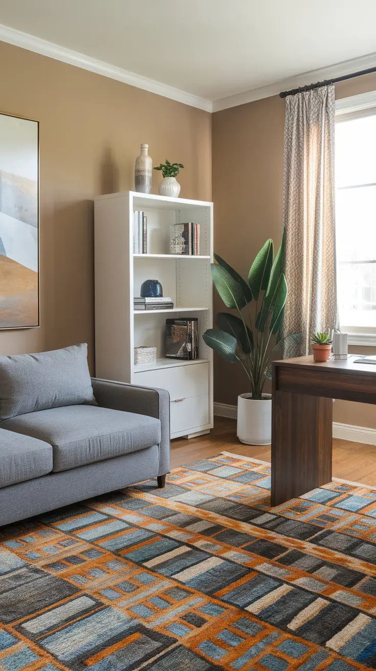 Modern home office with a gray couch and a colorful geometric rug