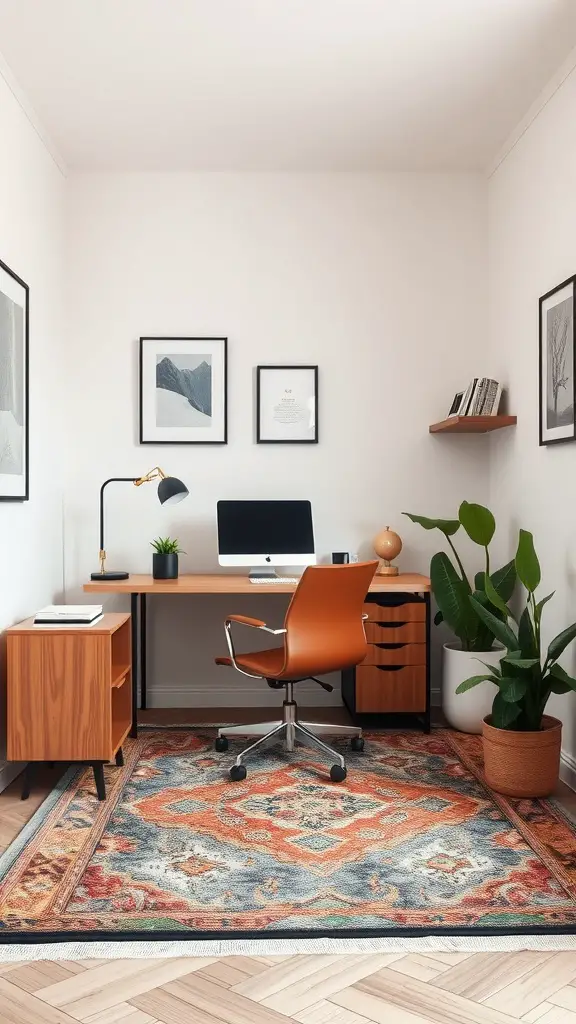 A small office setup featuring a colorful rug, wooden desk, and stylish chair.