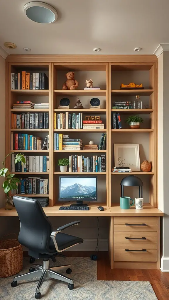 A small office featuring built-in shelving with books, decorative items, and a workspace.