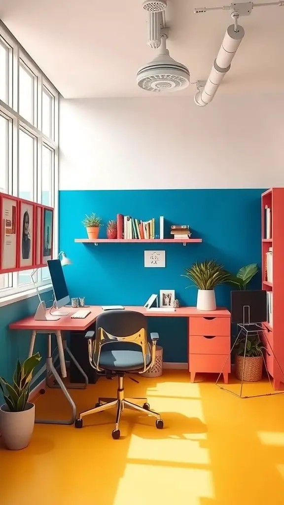 A small office space featuring a blue wall, coral furniture, yellow floor, and plants.