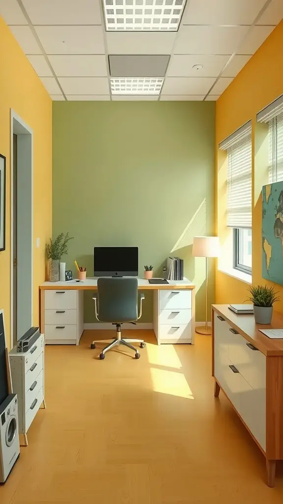 A small home office with yellow and green walls, a desk, chair, and plants, emphasizing color psychology.