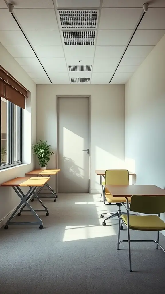 A small office featuring foldable tables and chairs, with ample natural light and a plant.