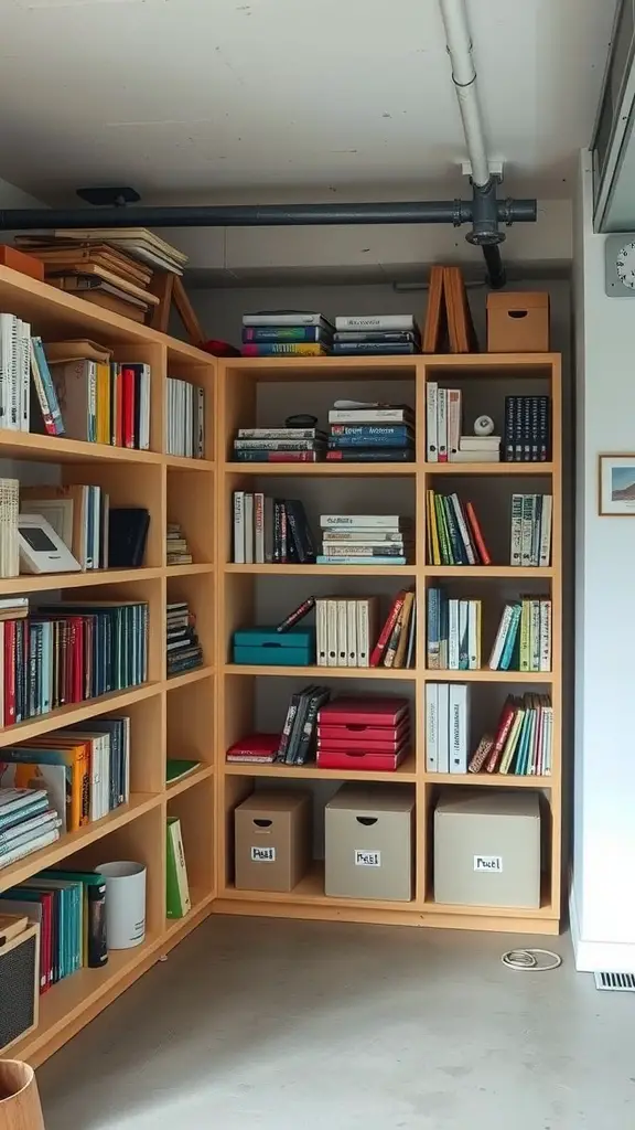 A corner shelving unit filled with books and colorful storage boxes in a basement office.