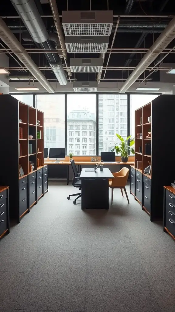 A modern office layout featuring room dividers made from bookshelves, designed for an organized and open space.
