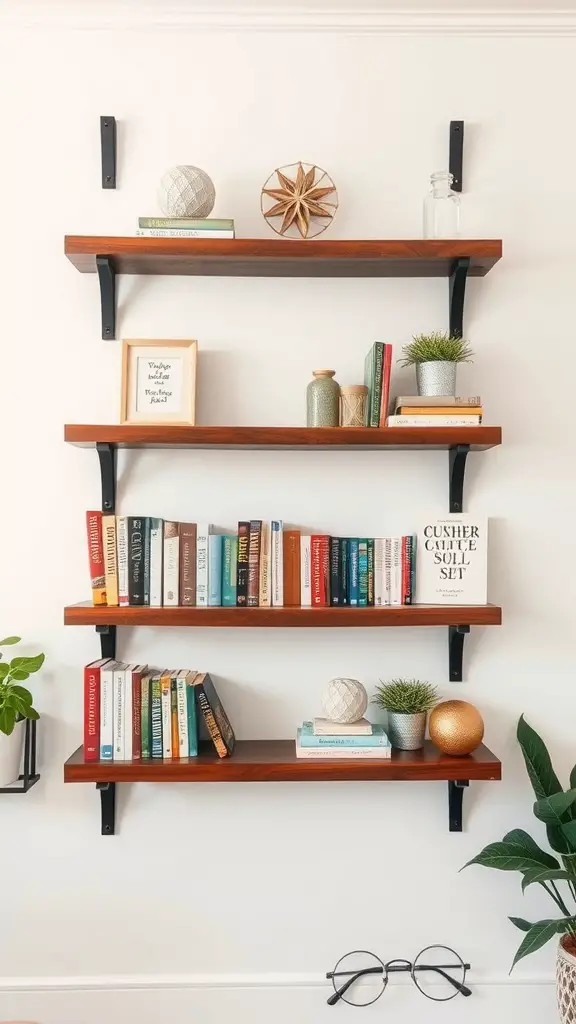 Rustic wall shelves with books, decorative items, and plants in a farmhouse home office