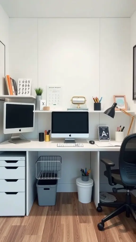 A modern office setup featuring dual monitors, organized shelves, and smart storage solutions in a spare room.