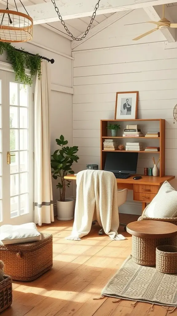 Farmhouse home office with soft textiles, including a cozy throw, cushions, and woven baskets