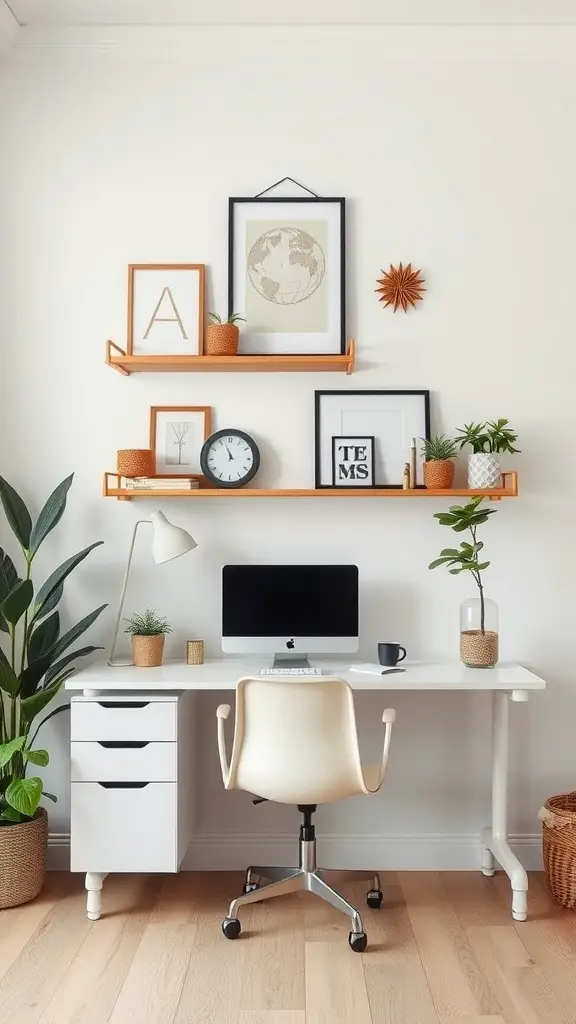 A modern home office featuring white furniture, vertical shelves with decor, and plants.