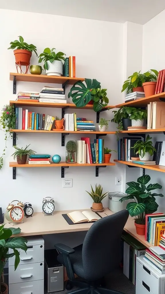 A small office setup with floating shelves filled with books and plants, featuring a desk and chair.