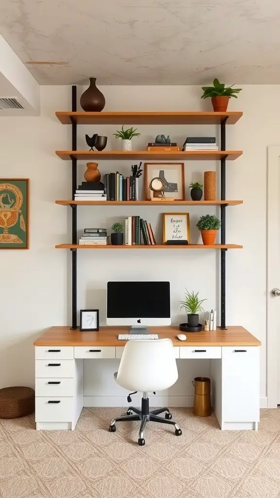 A stylish home office setup in a basement featuring a desk with drawers and vertical shelving filled with books, plants, and decorative items.