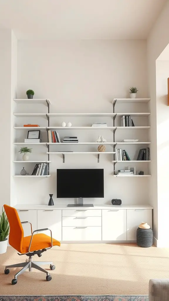 A modern home office with wall shelves, a TV, and a stylish orange chair.
