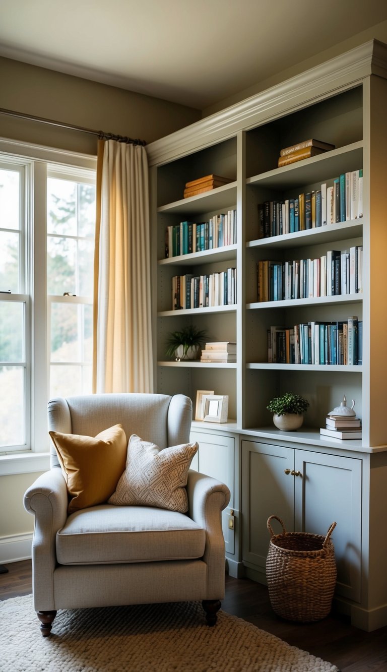 A cozy reading nook in a tranquil home office, with a comfortable armchair, soft lighting, a bookshelf, and a warm color scheme
