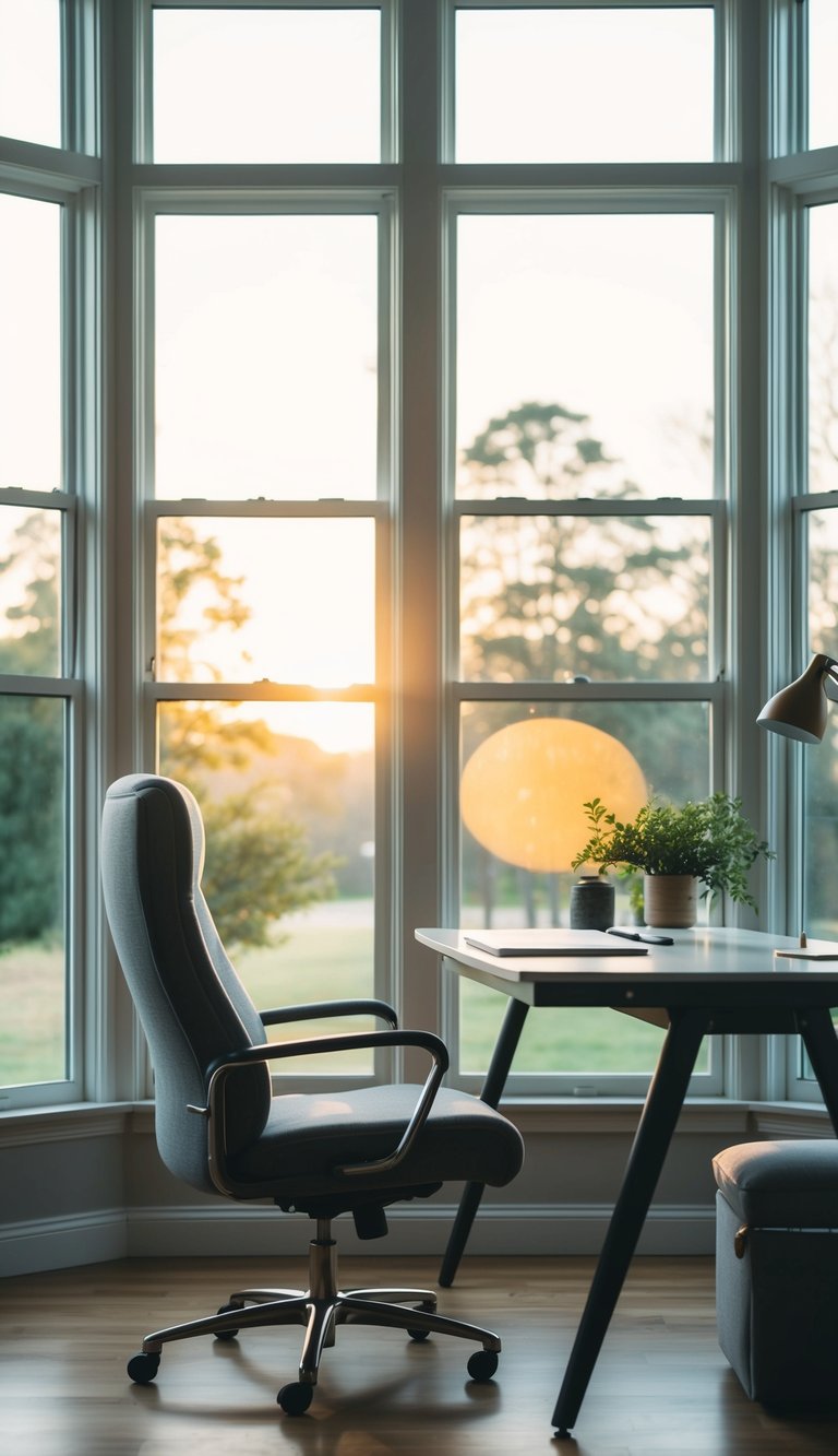 A tranquil home office with natural light streaming in through large windows, casting a warm and inviting glow over a tidy desk and comfortable chair