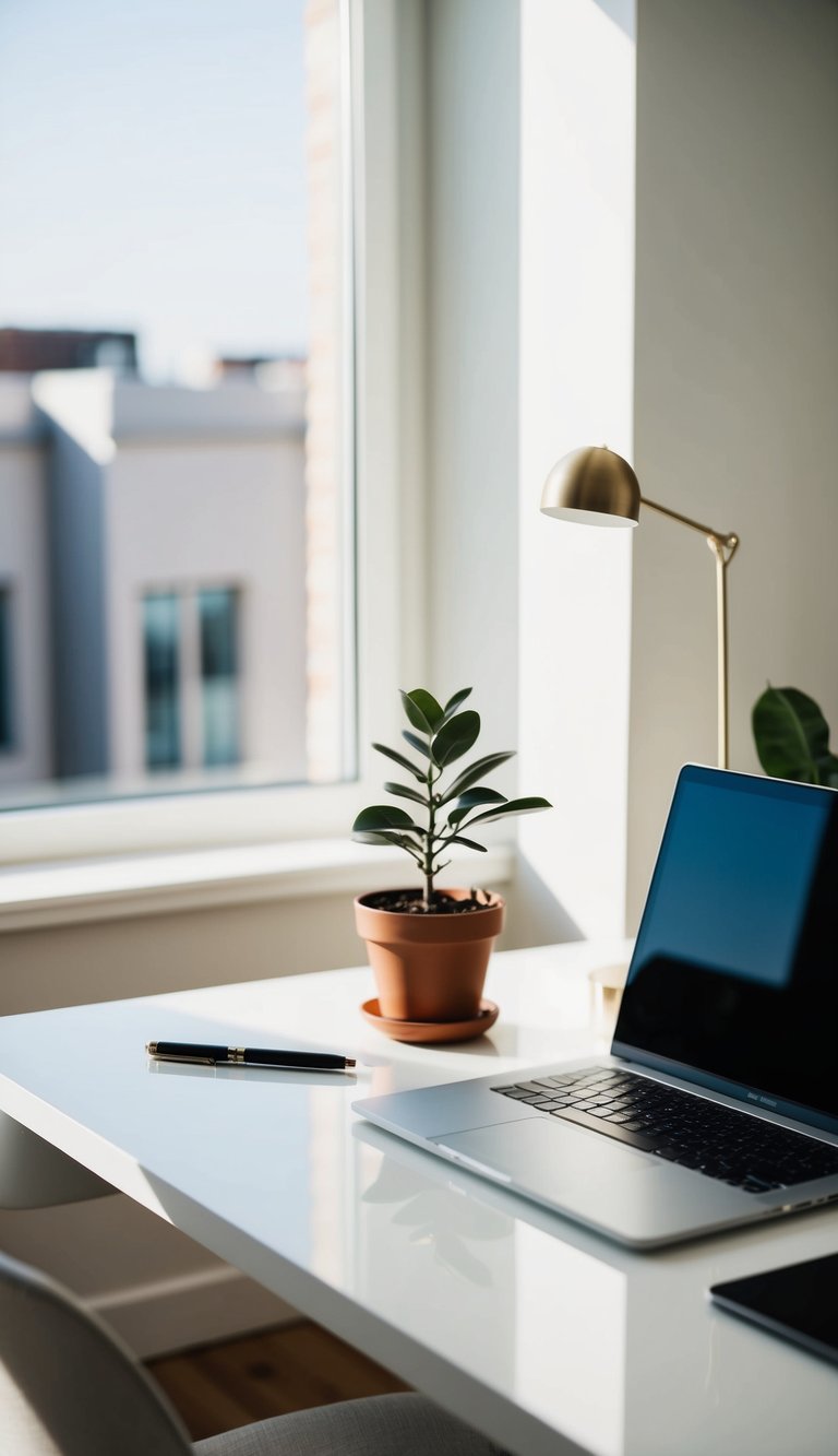 A clutter-free desk with a sleek laptop, potted plant, and a single pen. A sunlit room with neutral colors and clean lines