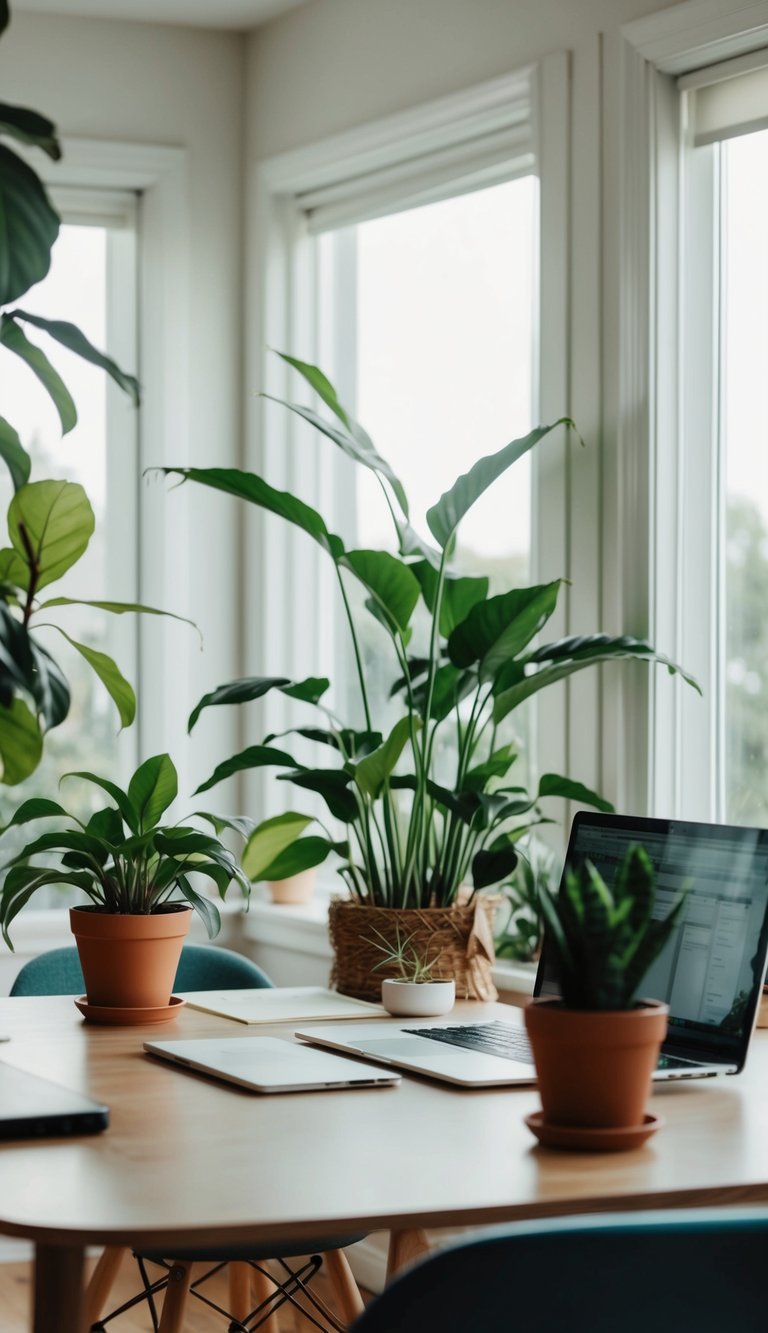 A tranquil home office with indoor plants and natural light