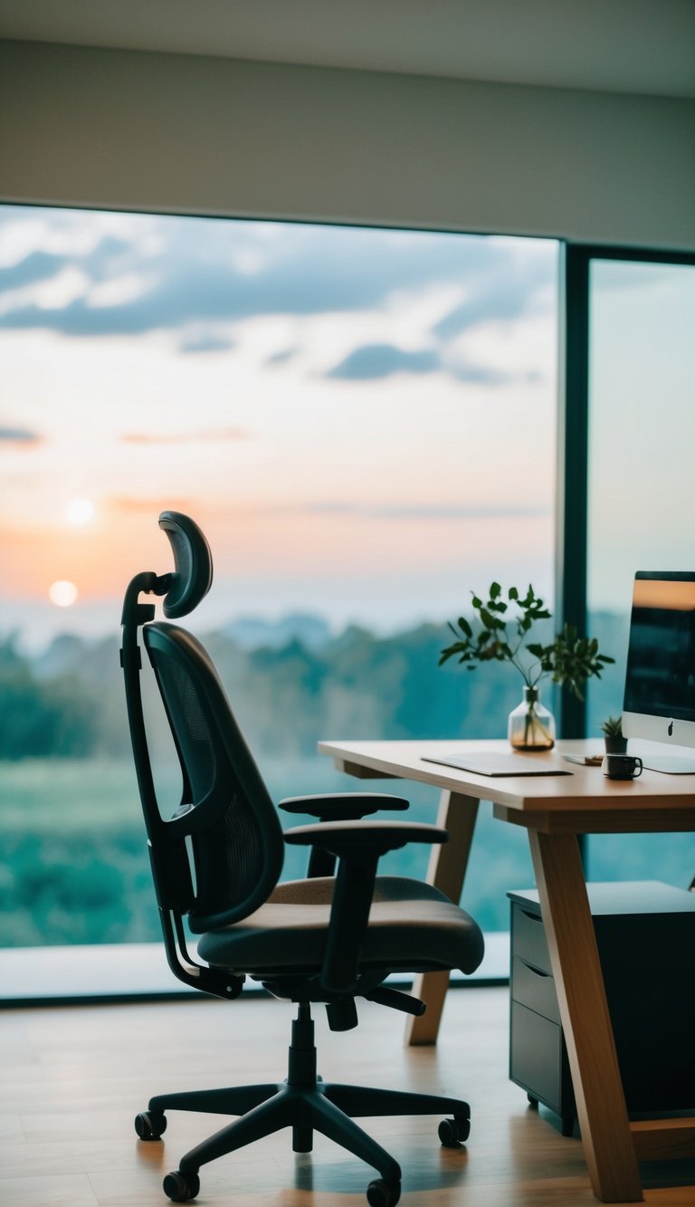 A tranquil home office with an ergonomic chair