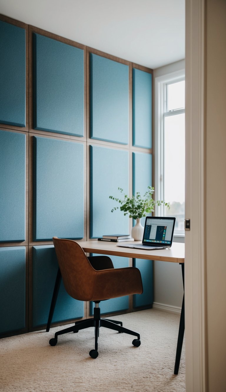 A serene home office with soundproofing panels on the walls