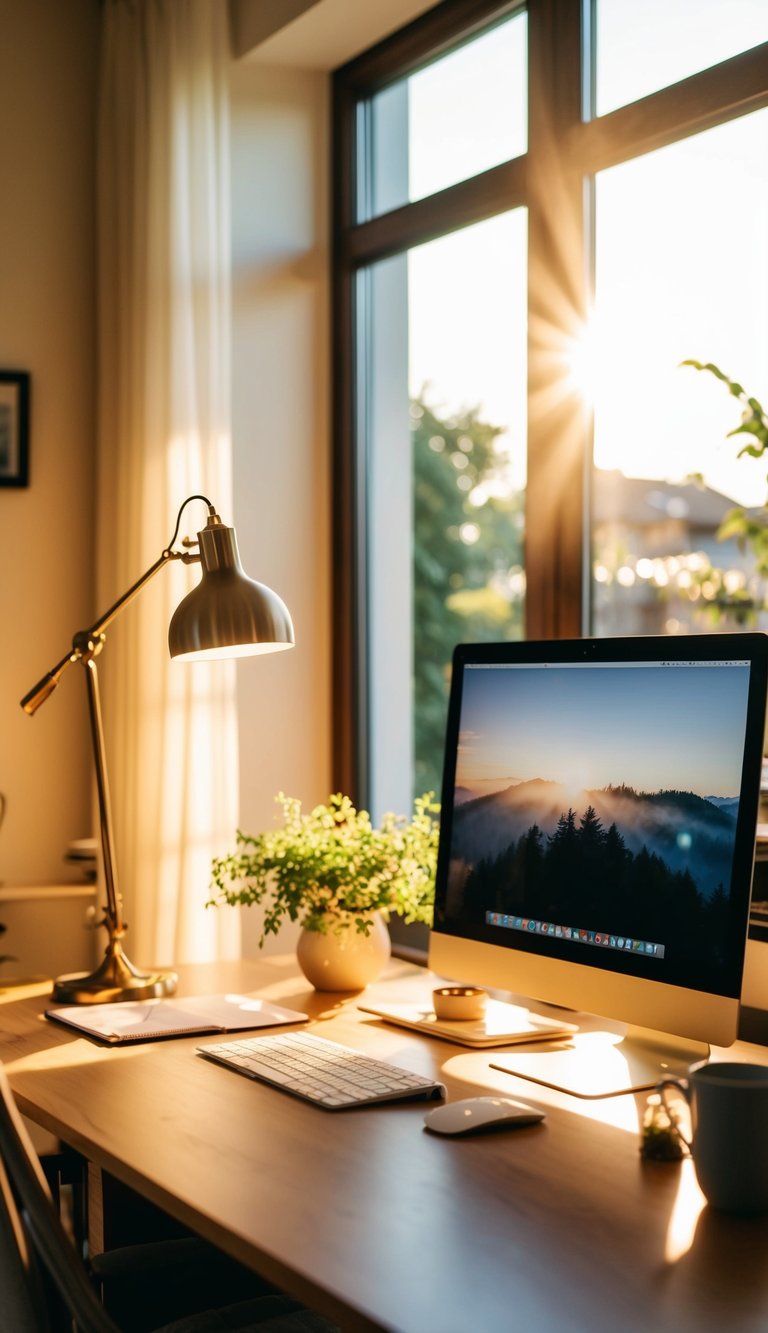 A sunlit home office with warm, soft lighting, a cozy desk, and a tranquil atmosphere