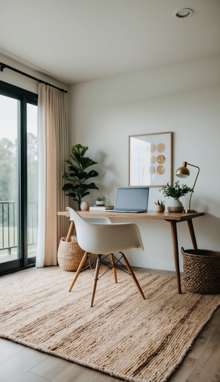 A tranquil home office with natural fiber rugs and minimal decor
