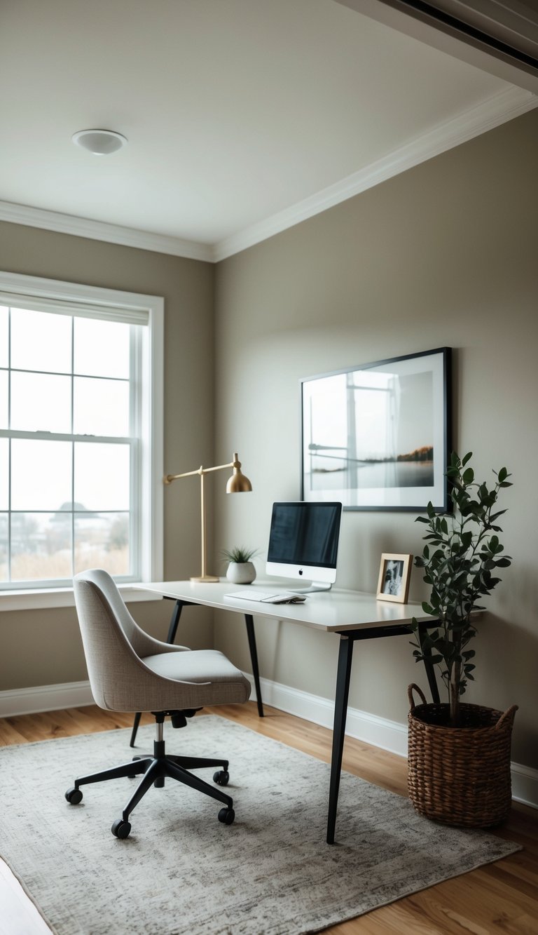 A tranquil home office with neutral colors and natural lighting