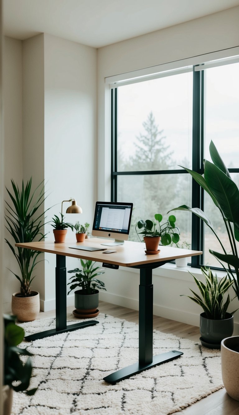 A tranquil home office with an adjustable standing desk, bathed in natural light from a large window, surrounded by potted plants and minimalist decor
