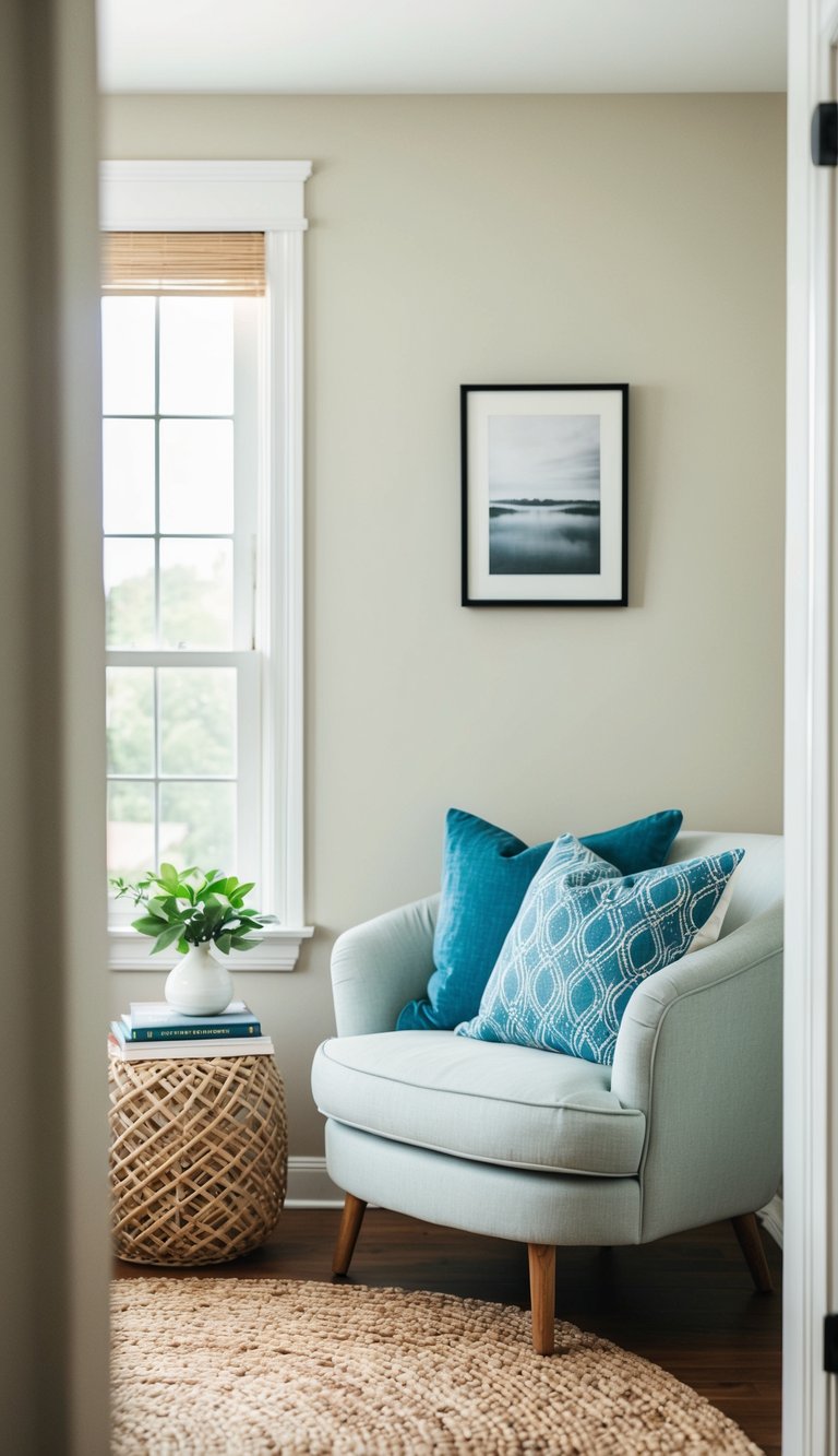 A tranquil home office with soft throw pillows