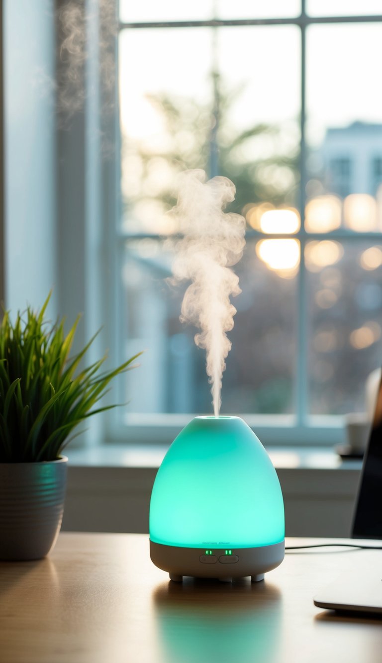 A tranquil home office with an essential oil diffuser emitting a soft, calming mist
