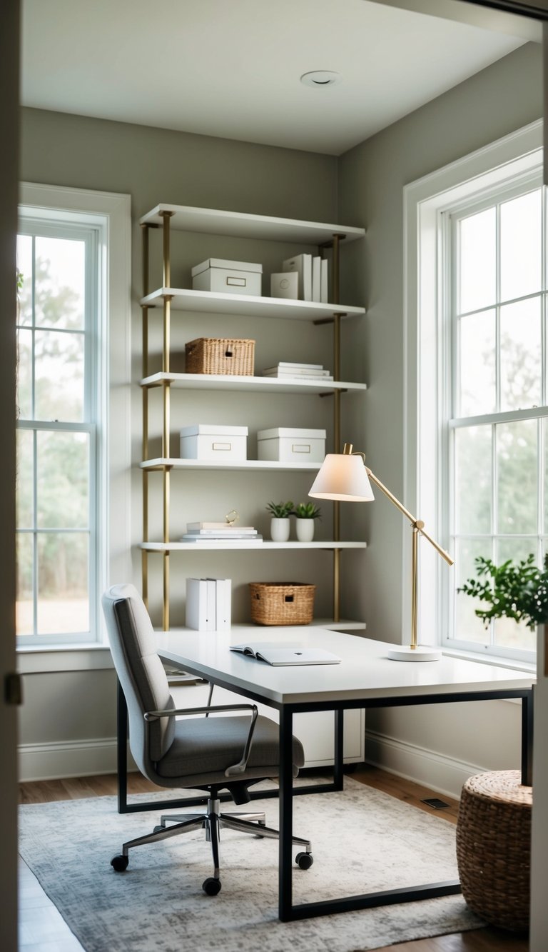 A serene home office with organized shelves, a comfortable desk, and natural light streaming in through large windows