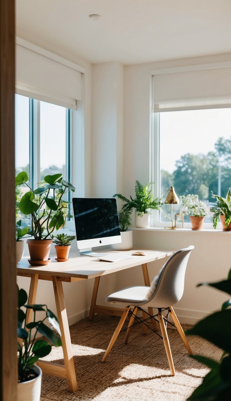 A sunlit home office with a minimalist desk, surrounded by sustainable wooden furniture and potted plants, creating a tranquil and eco-friendly atmosphere