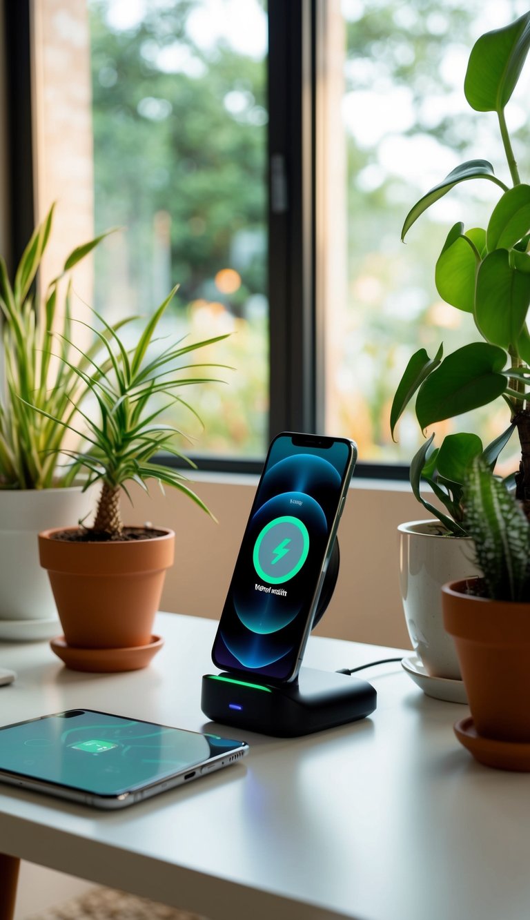 A sleek wireless charging station sits on a tidy desk in a tranquil home office, surrounded by potted plants and bathed in natural light
