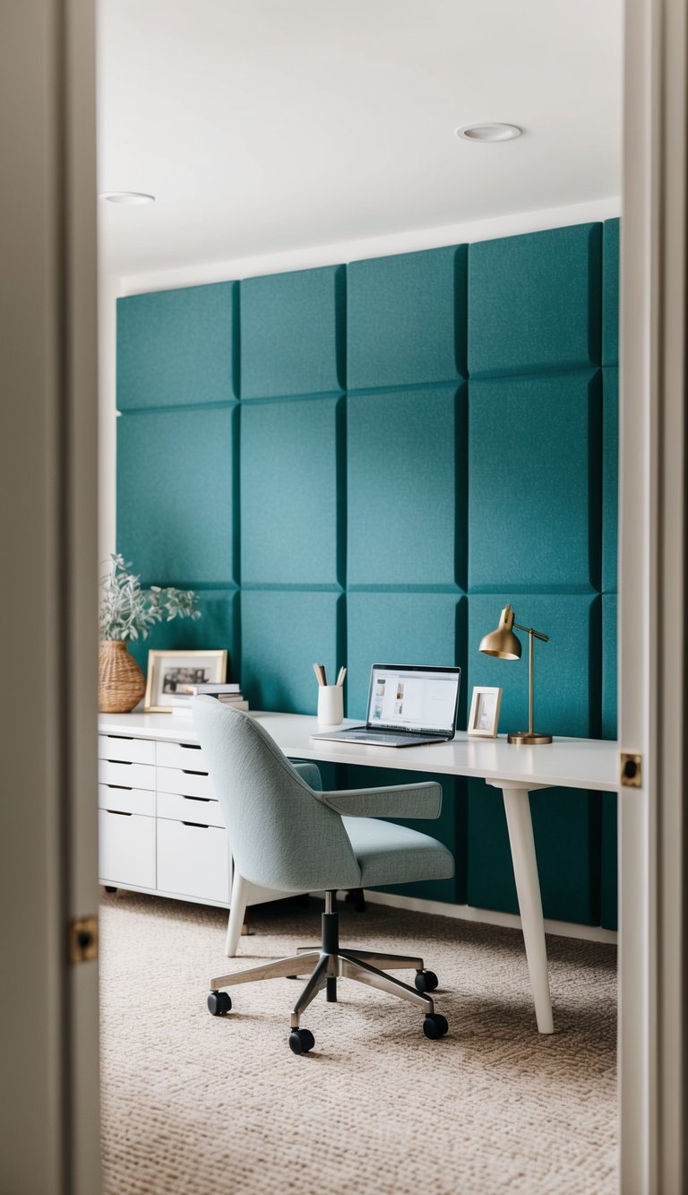 A serene home office with acoustic panels on the walls
