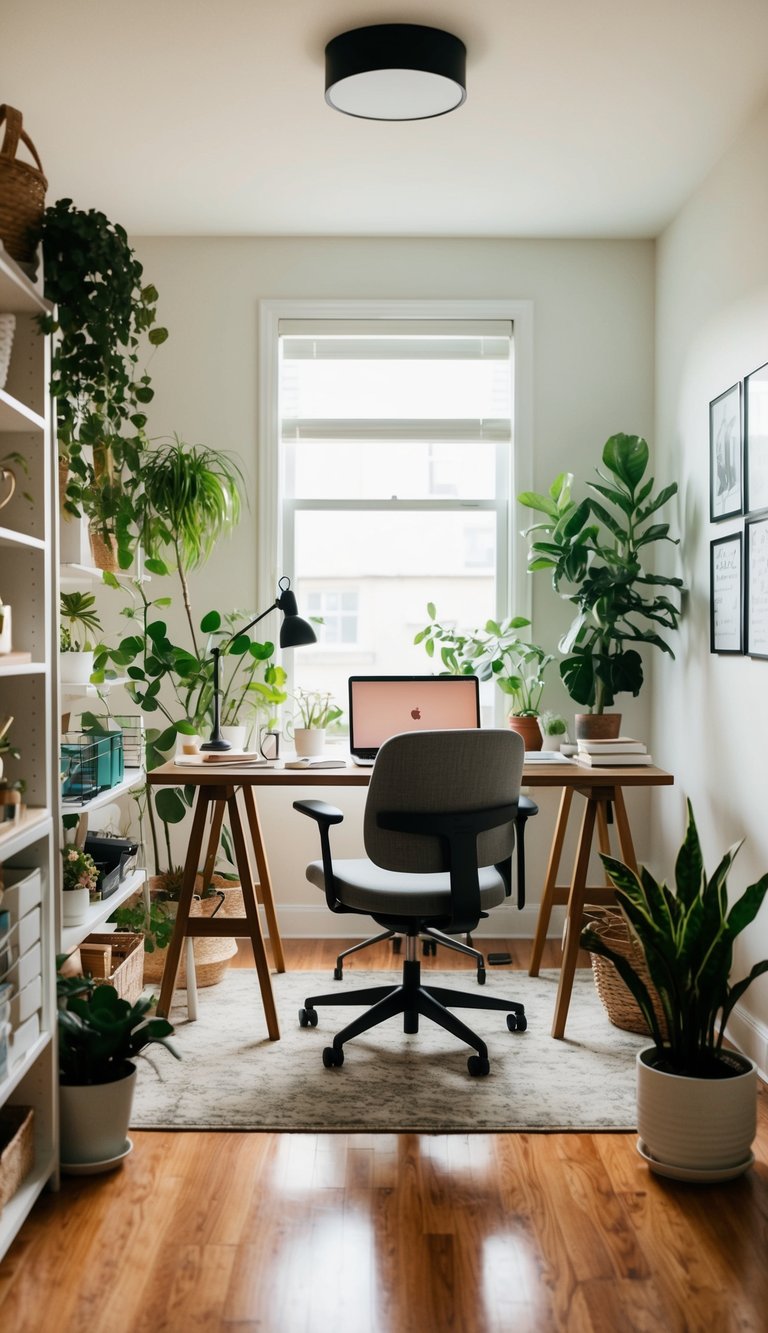 A cozy home office with a clutter-free desk, natural light, plants, and a comfortable chair for productivity