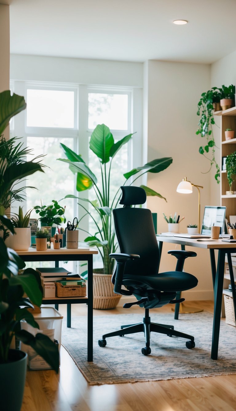 A cozy home office with a sleek ergonomic chair, a spacious desk, and organized supplies, surrounded by plants and natural light