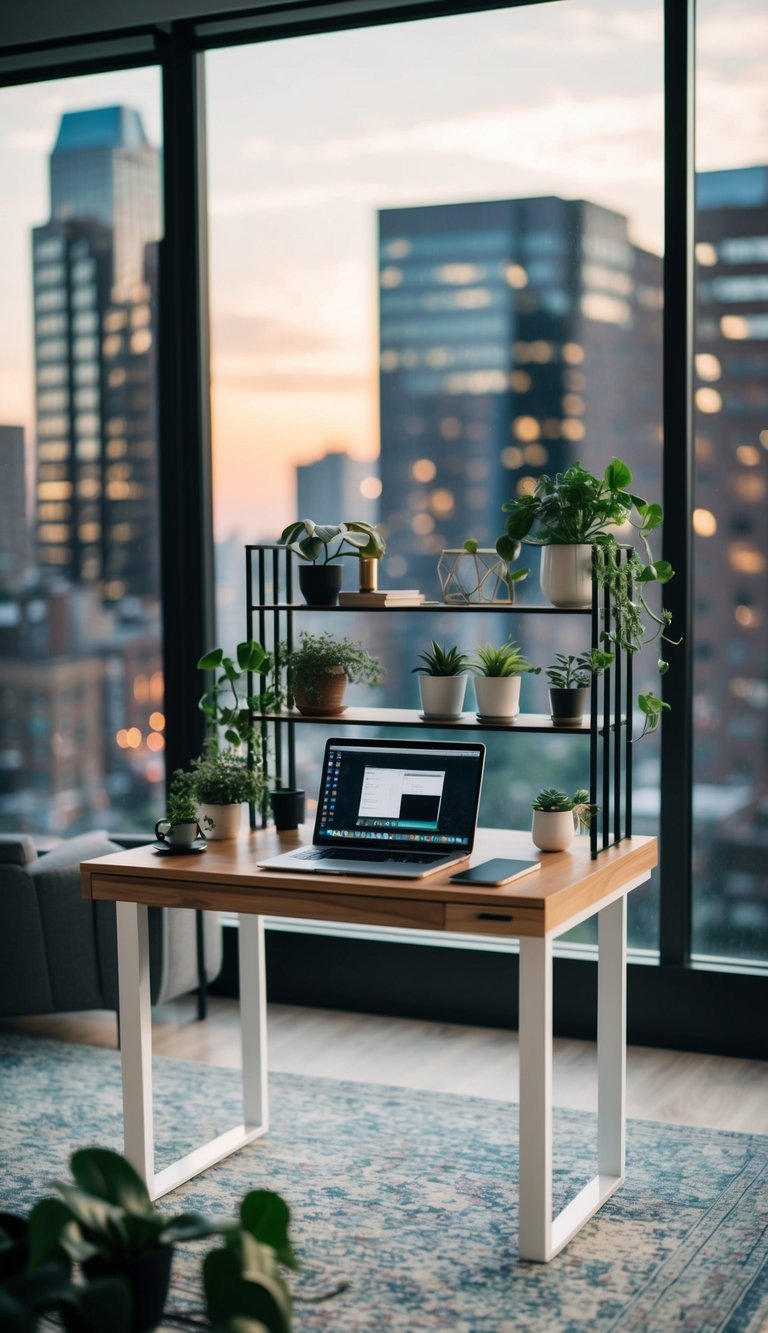 A cluttered desk transforms into a sleek standing desk setup with organized shelves, plants, and a laptop