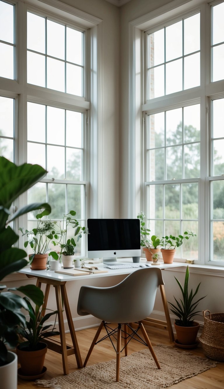 A cozy home office with large windows, flooding the space with natural light. A clutter-free desk, potted plants, and minimal decor create a serene and productive atmosphere