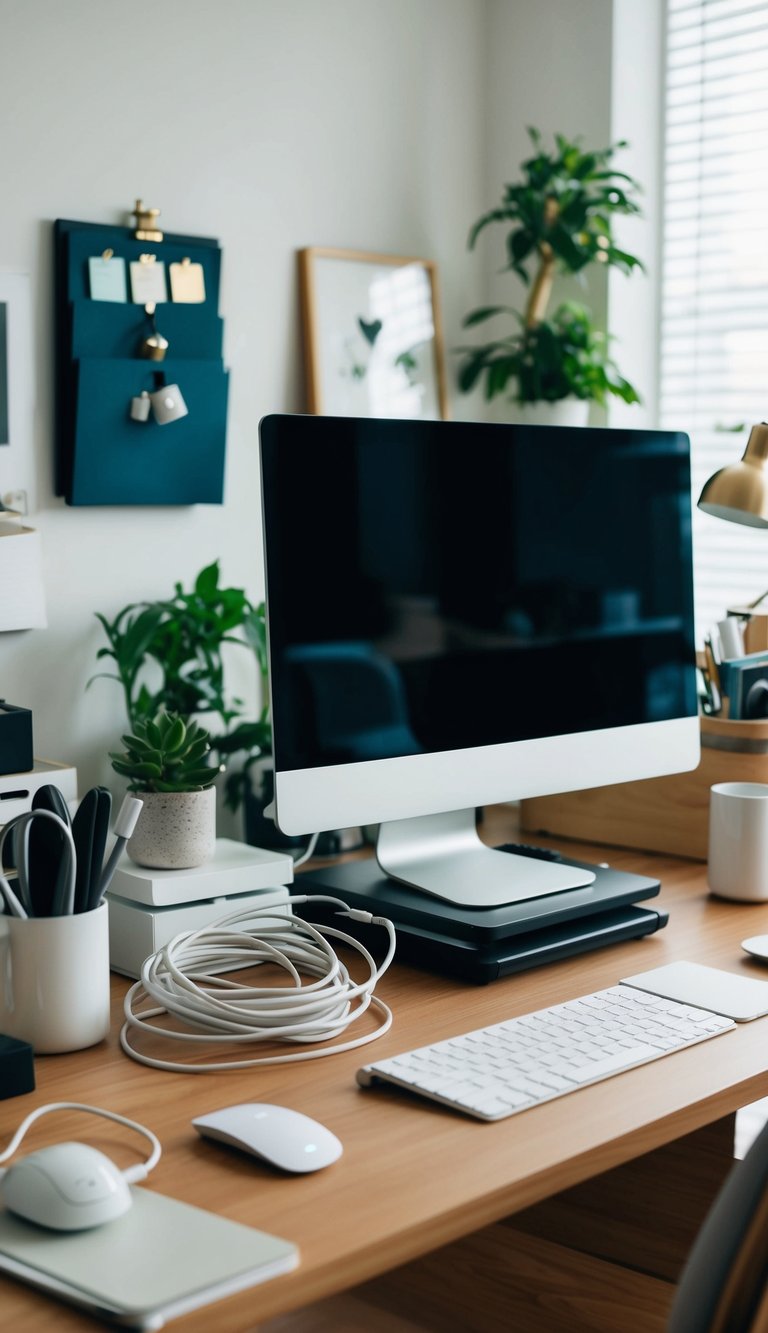 A cluttered home office desk transformed into an organized space with neatly arranged cables and accessories