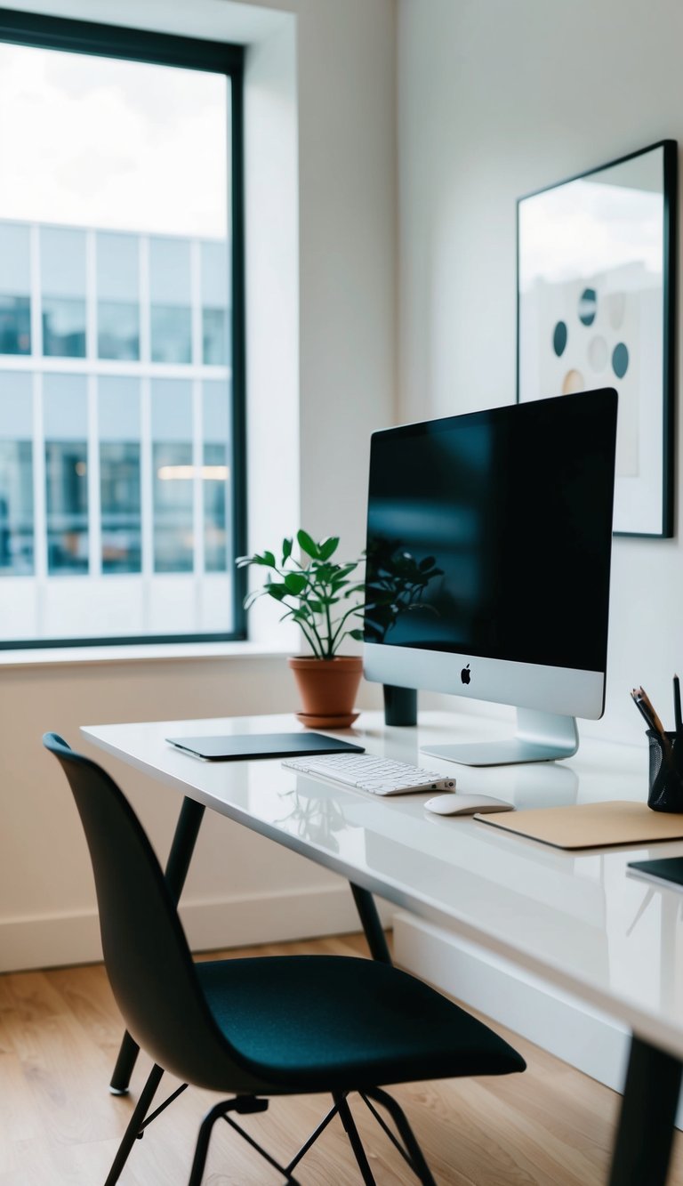 A sleek, uncluttered desk with a modern computer, a potted plant, and a few simple office supplies. A large window provides natural light, and the walls are adorned with minimalist artwork